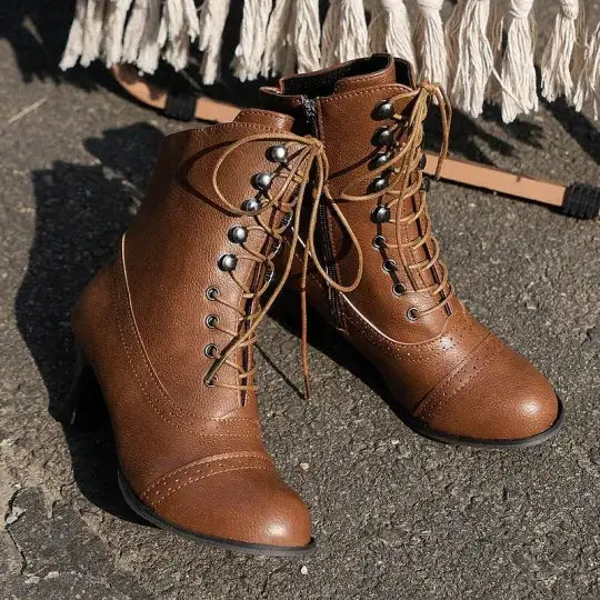 Women's Victorian Brown Lace-Up Mid-Heel Boots with Zipper