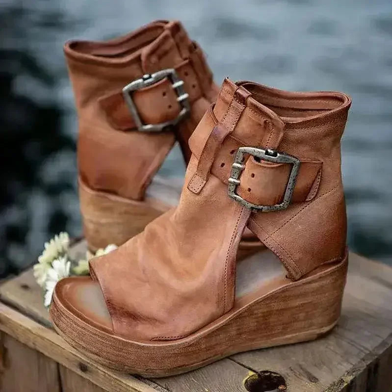 Buckle Wedge High Heel Solid Peep Open Toe Casual Sandals