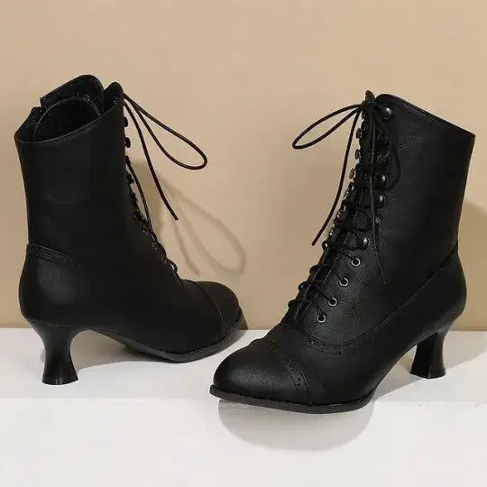 Women's Victorian Brown Lace-Up Mid-Heel Boots with Zipper