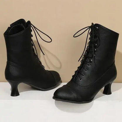 Women's Victorian Brown Lace-Up Mid-Heel Boots with Zipper