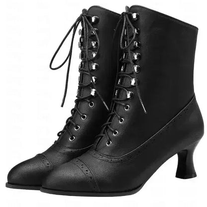 Women's Victorian Brown Lace-Up Mid-Heel Boots with Zipper