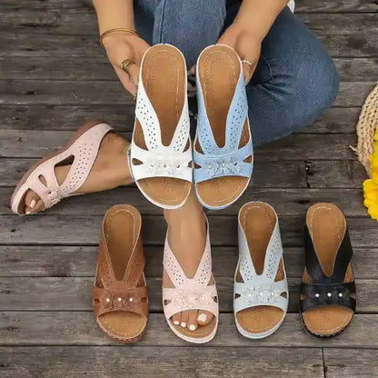 Wedge-heeled Thick-soled Hollow Rivet Flower Slippers