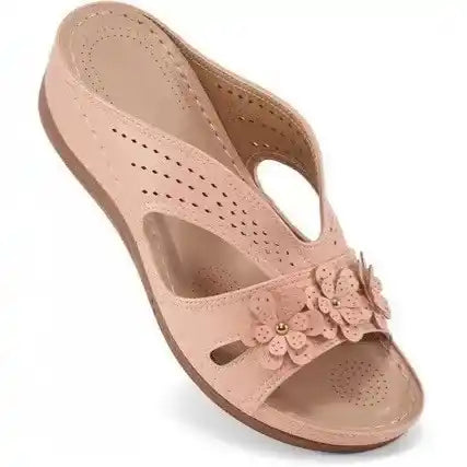 Wedge-heeled Thick-soled Hollow Rivet Flower Slippers