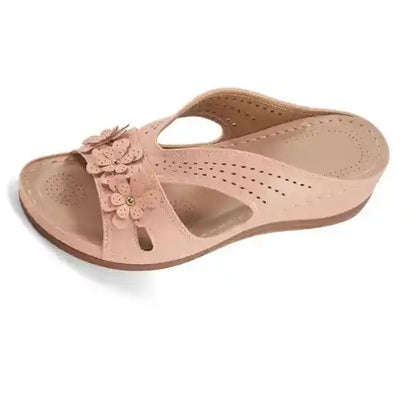 Wedge-heeled Thick-soled Hollow Rivet Flower Slippers
