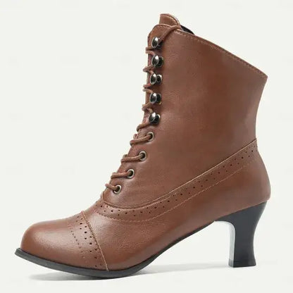 Women's Victorian Brown Lace-Up Mid-Heel Boots with Zipper
