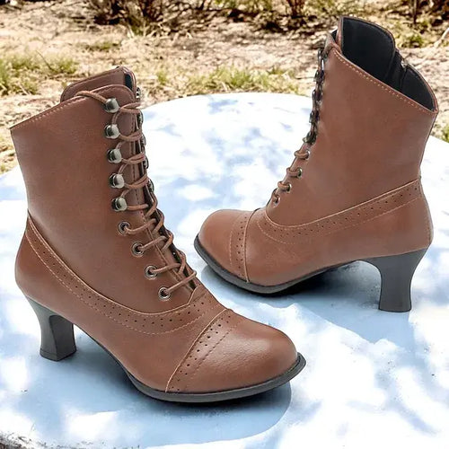 Women's Victorian Brown Lace-Up Mid-Heel Boots with Zipper