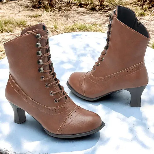 Women's Victorian Brown Lace-Up Mid-Heel Boots with Zipper