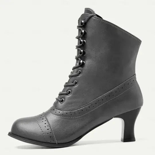 Women's Victorian Brown Lace-Up Mid-Heel Boots with Zipper