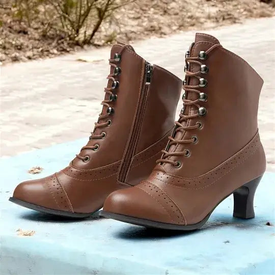 Women's Victorian Brown Lace-Up Mid-Heel Boots with Zipper