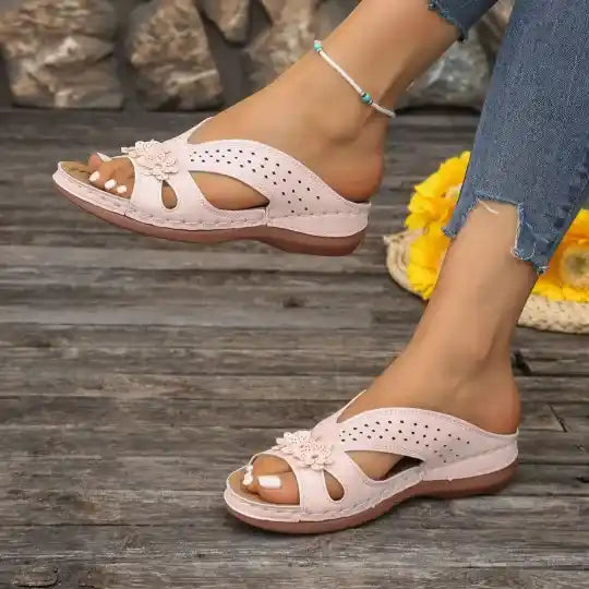 Wedge-heeled Thick-soled Hollow Rivet Flower Slippers